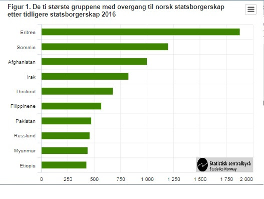 Osoby pochodzące z tych krajów najczęściej otrzymywały norweskie obywatelstwo w 2016 roku.