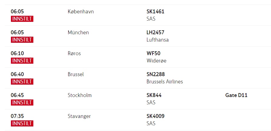 Tak wygląda poranna tablica odlotów na lotnisku w Oslo. 