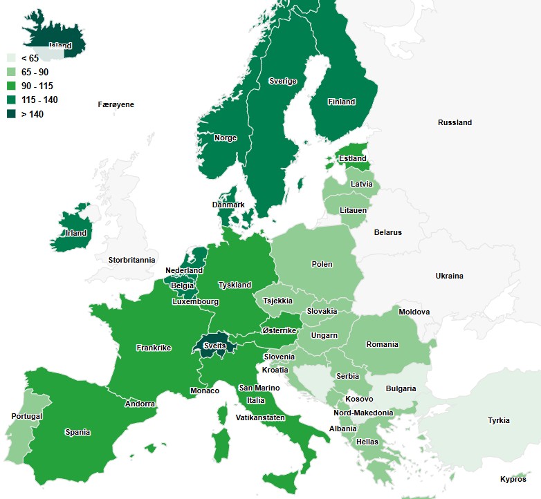 Ogólny poziom cen w Europie w 2025 roku.