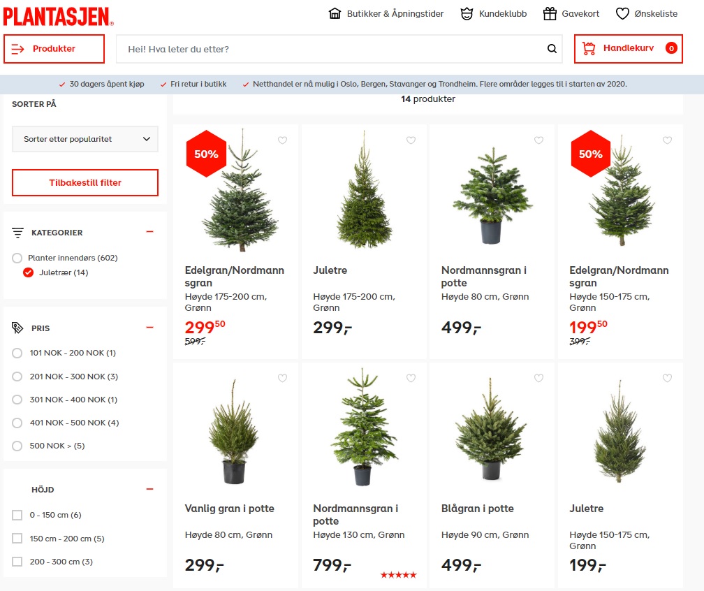 Ceny żywych drzewek w sieci Plantasjen sięgają nawet niema 1300 koron. 