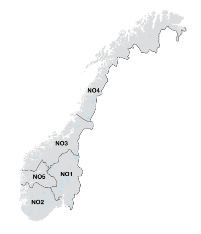 Podział Norwegii na obszary energetyczne.