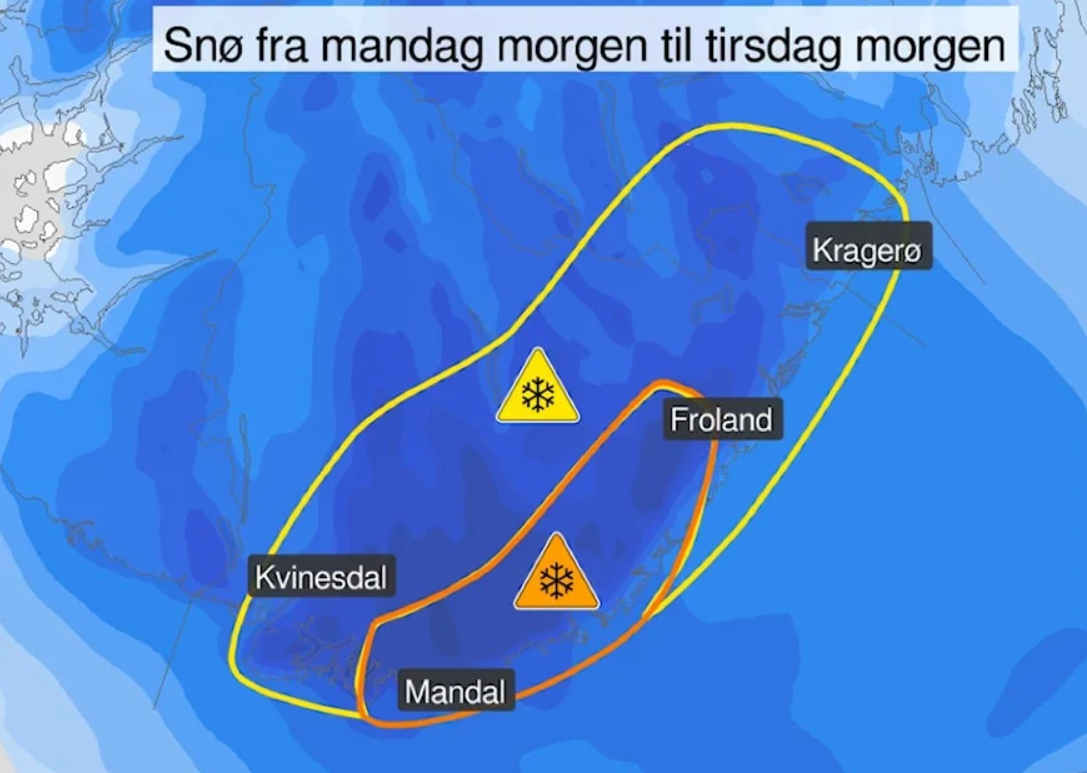 Det norske meteorologiske institutt advarer om opptil 40 cm snøfall i Agder-området mandag og natt til tirsdag.