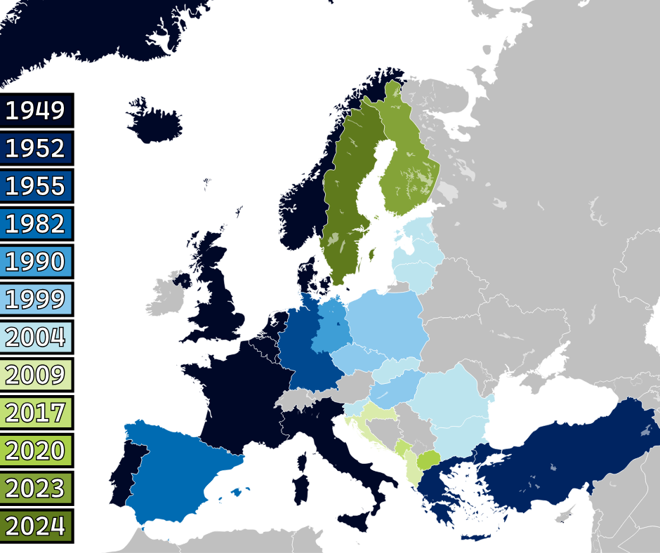 Państwa NATO w Europie wg momentu wstąpienia do sojuszu.