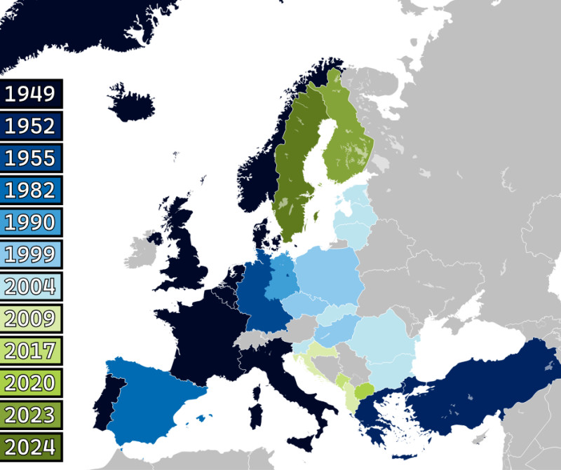 Państwa NATO w Europie wg momentu wstąpienia do sojuszu.