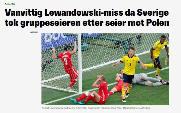 Artykuł zamieszczony na Nettavisen otwiera zdjęcie sfrustrowanego Kamila Glika i Roberta Lewandowskiego po niewykorzystanej sytuacji z pierwszej połowy.