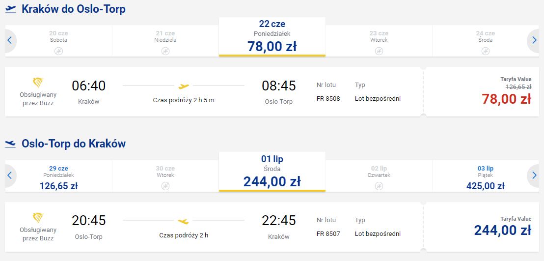 Najbliższe połączenia na trasie Kraków-Torp. 