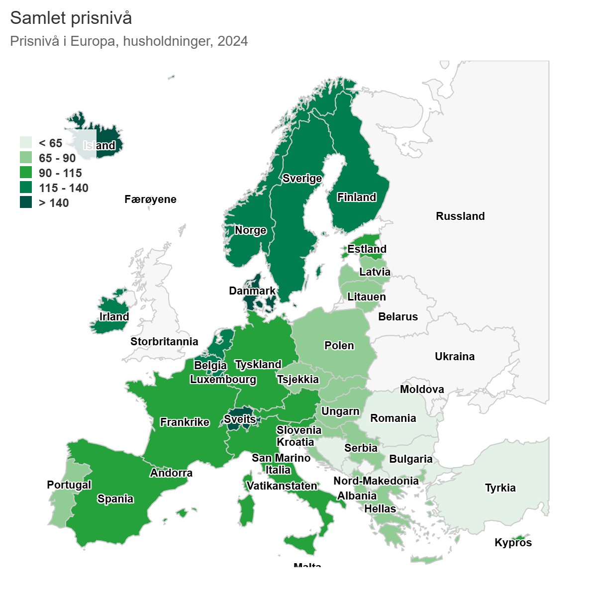 Średni poziom cen w Europie w 2024 roku. 100 = średnia UE