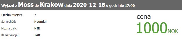 Przykładowa wspólna podróż autem z Norwegii do Polski z wyszukiwarki mojanorwegia.pl.