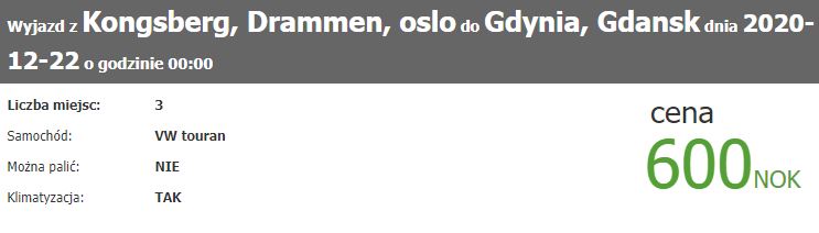 Przykładowa wspólna podróż autem z Norwegii do Polski z wyszukiwarki mojanorwegia.pl.