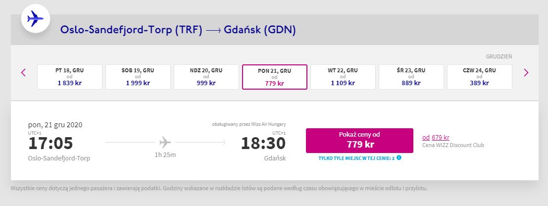 Ceny nie zawierają kosztów bagażu rejestrowanego.