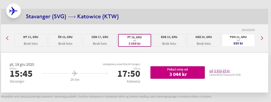 Ceny nie zawierają kosztów bagażu rejestrowanego.