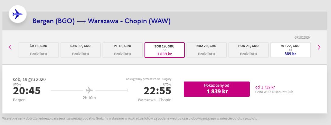 Ceny nie zawierają kosztów bagażu rejestrowanego.