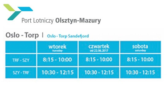 Rozkład lotów z Mazur do Oslo Torp