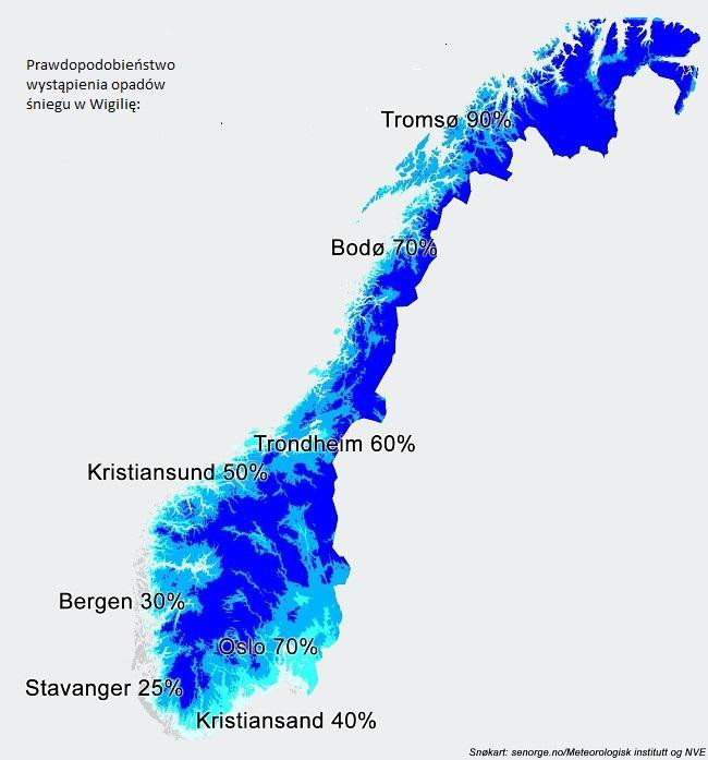 Według meteorologów z NVE najwięcej szans na białe Święta ma północ Norwegii oraz stolica.