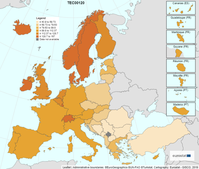 Wskaźnik poziomu cen konsumpcyjnych w Europie.