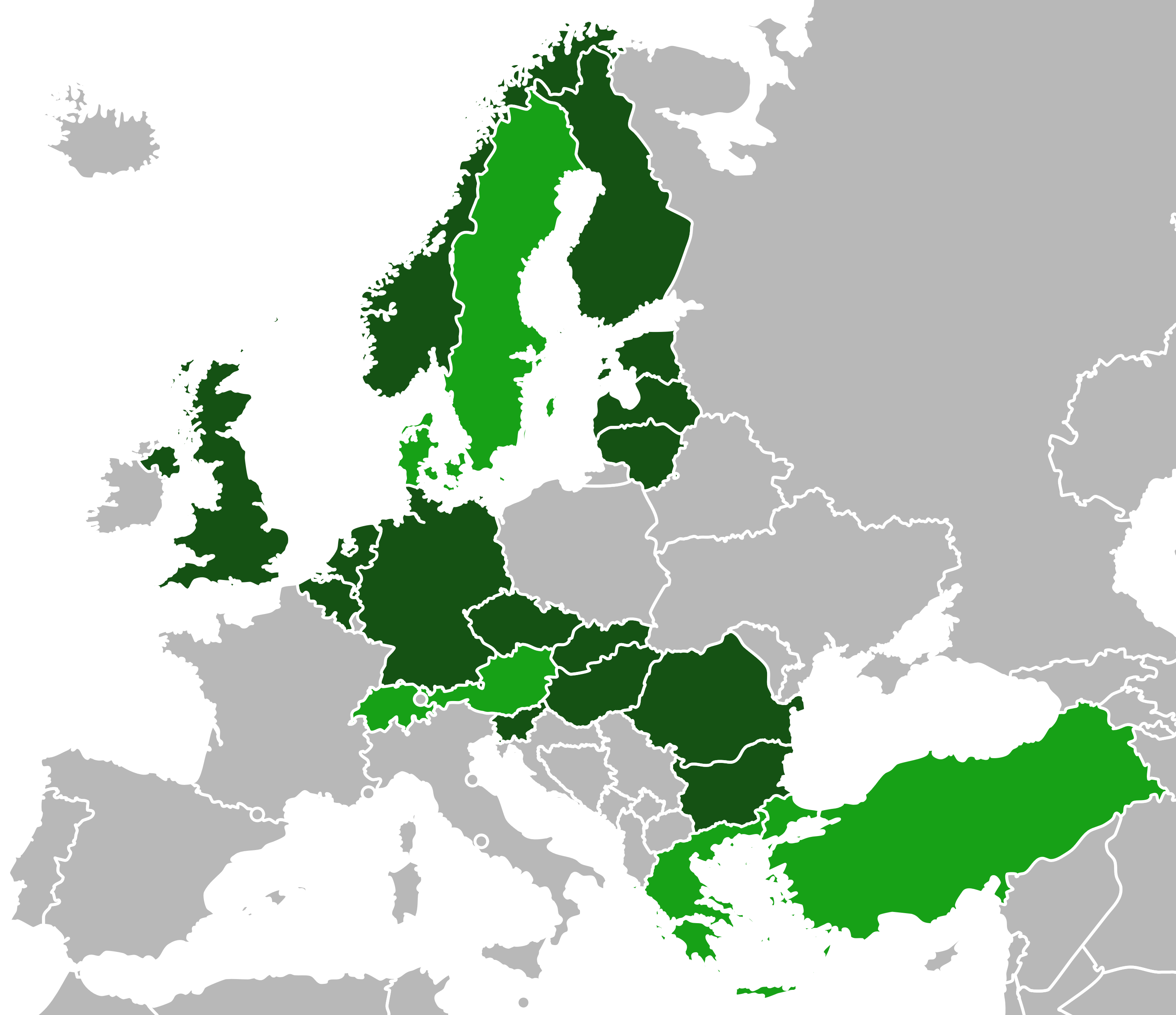 Ciemnozielony: założyciele ESSI, jasnozielony: dołączyły w latach 2023/2024 lub dołączą w 2024 roku.