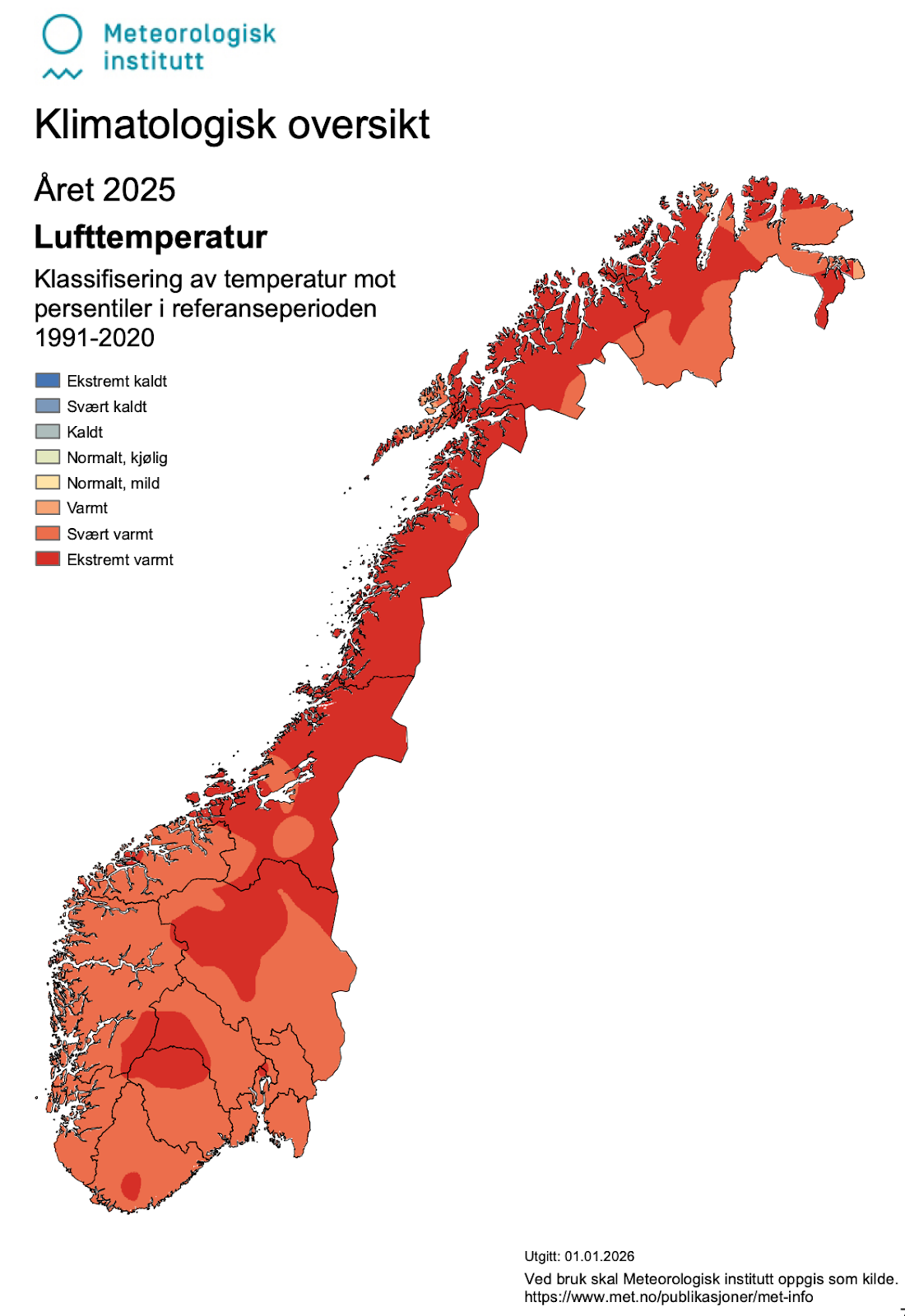 Temperatury w Norwegii. Porównanie ze średnią z lat 1991-2020. Kolor czerwony oznacza ekstremalne ciepło.