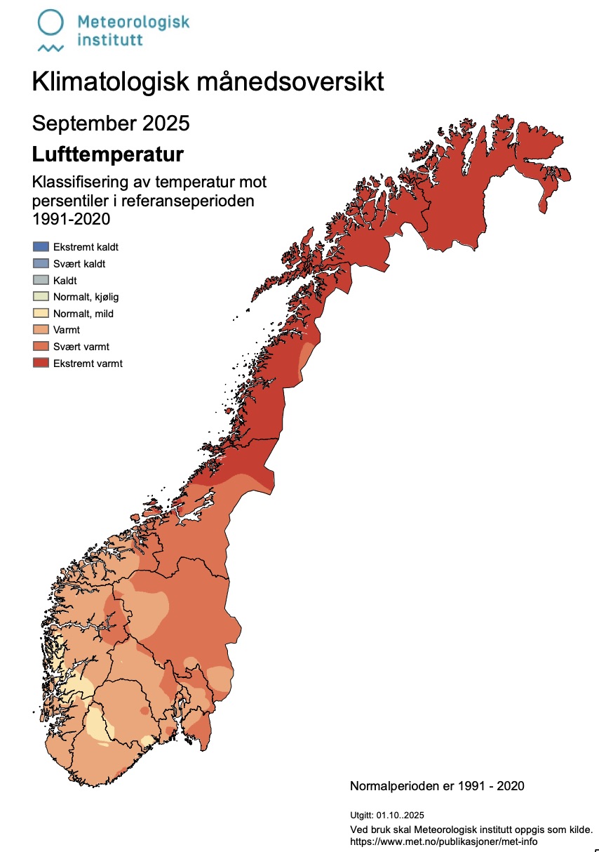 Temperatury w Norwegii we wrześniu 2025. Porównanie z okresem 1991-2020.
