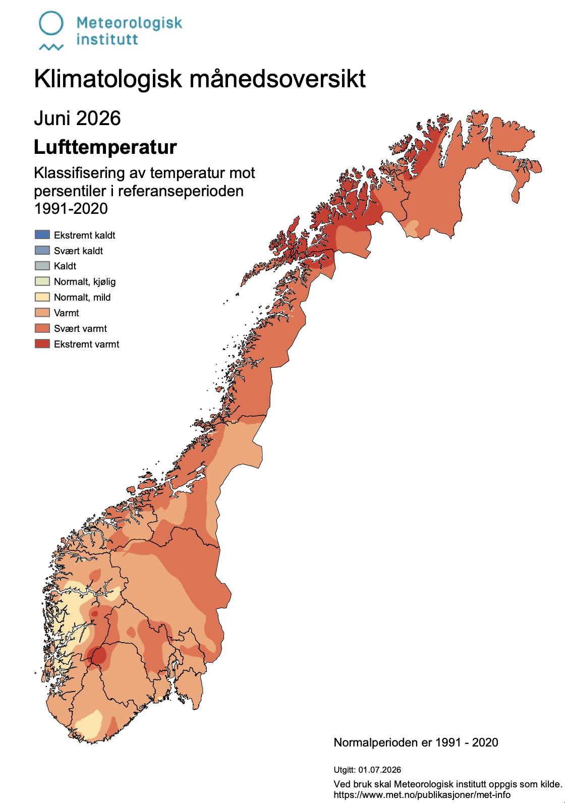 Temperatura w Norwegii w czerwcu 2026 roku na tle lat 1991-2020.
