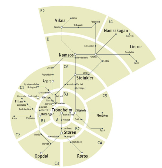 Strefy obowiązujące w Trondheim i okolicach.