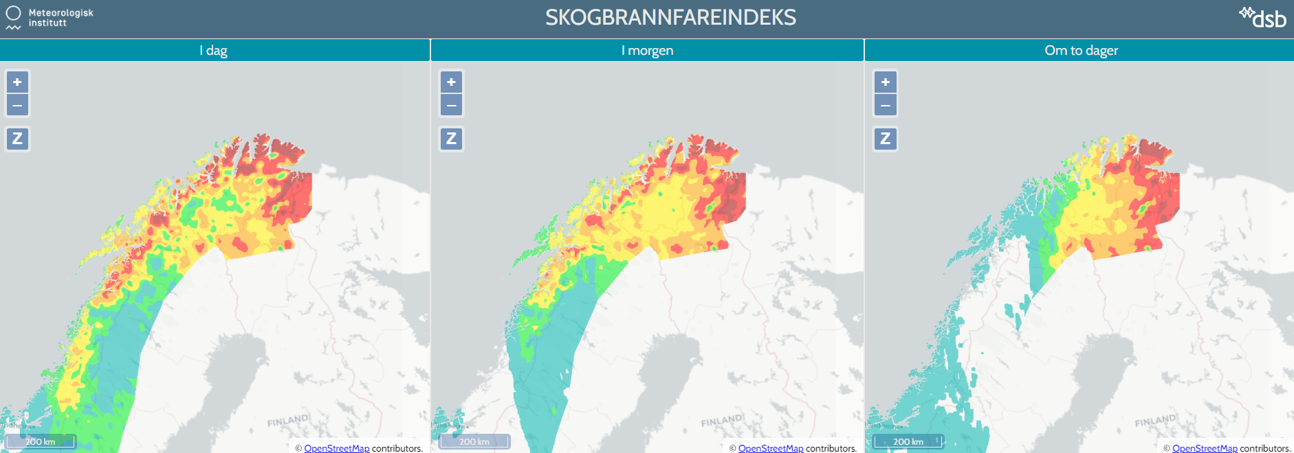 Zagrożenie pożarowe w Norwegii (od lewej: poniedziałek, wtorek i środa).
