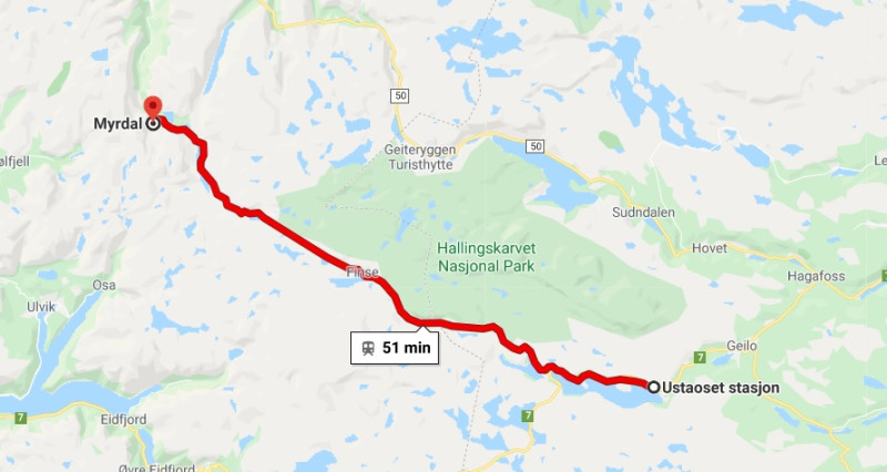 Trasa linii Bergensbanen jest nieprzejezdna na odcinku od Myrdal do Ustaoset.