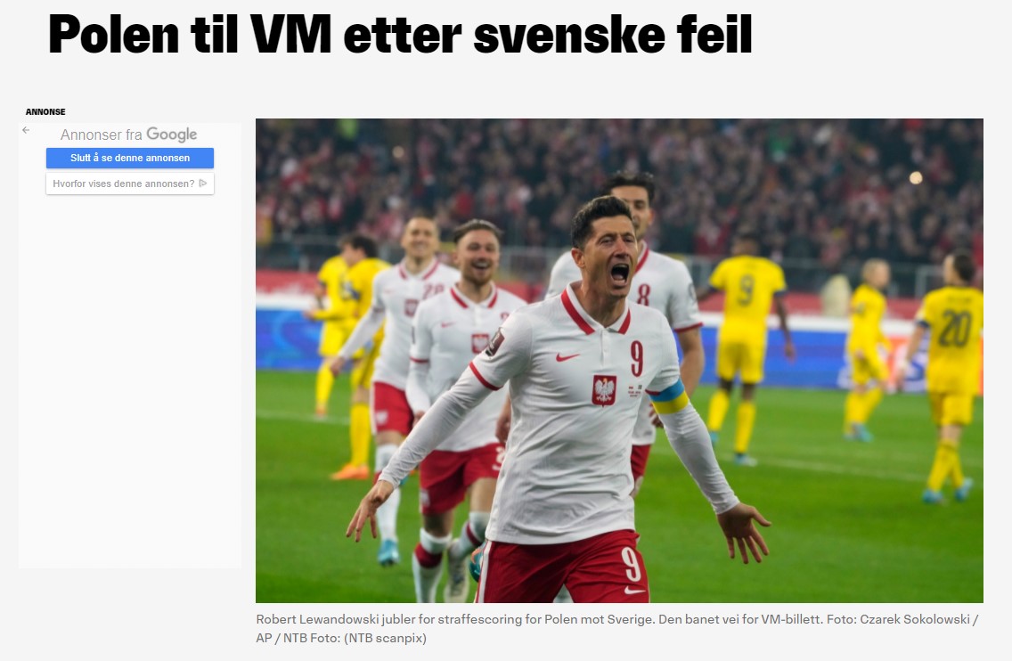 Nagłówek Nettavisen po wtorkowym meczu.