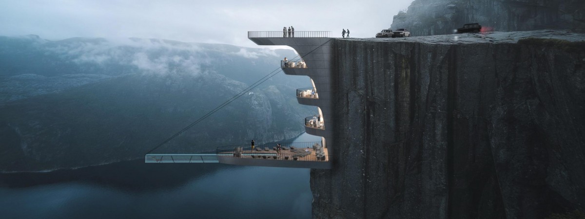 Nocleg dla ludzi o mocnych nerwach: hotel zawieszony na słynnym klifie Preikestolen
