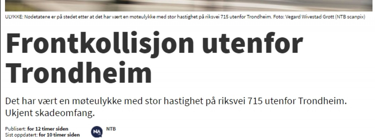 Zderzenie czołowe na riksvei 715: Polak kierujący jednym z pojazdów ranny i przewieziony do szpitala