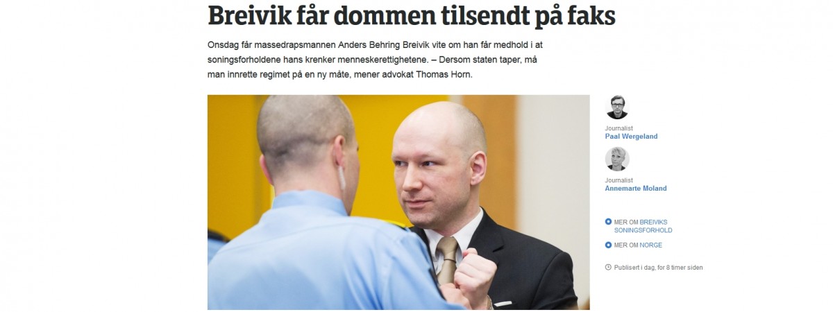 Breivik wygrał z Norwegią. Sąd wysłał mu wyrok faksem
