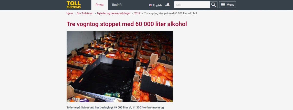 Alkohol pod cebulą i pomarańczami: norwescy celnicy zatrzymali trzech polskich kierowców