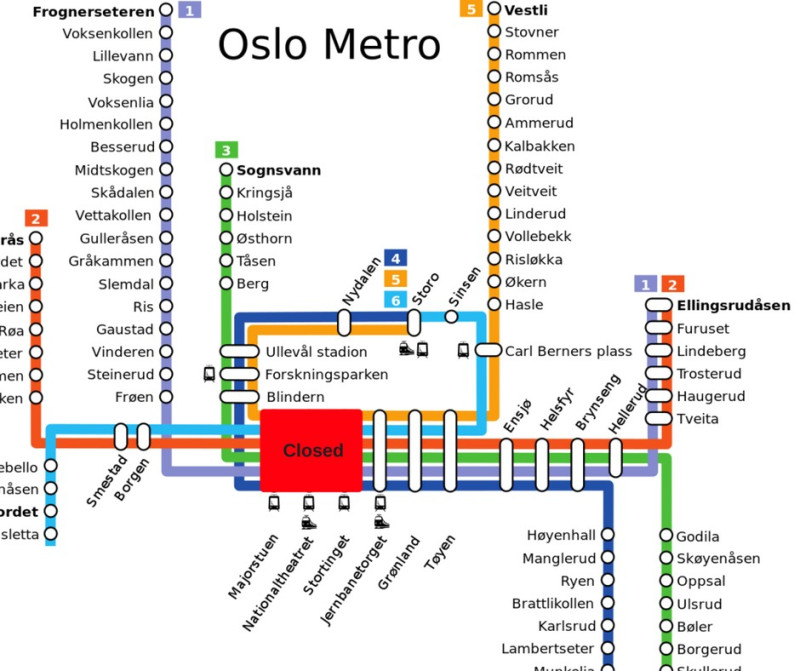 Fragment planu metra pokazujący zamknięte stacje