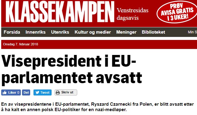 Sprawę dymisji Czarneckiego skomentował m.in. portal klassekampen.no.
