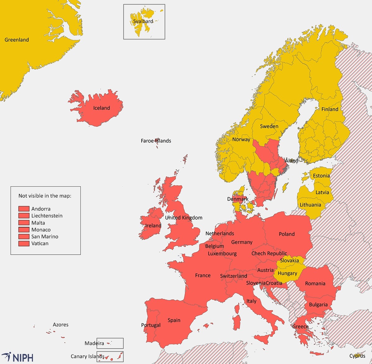 Mapa Instytutu Zdrowia Publicznego z obszarami objętymi kwarantanną po przyjedzie do Norwegii.