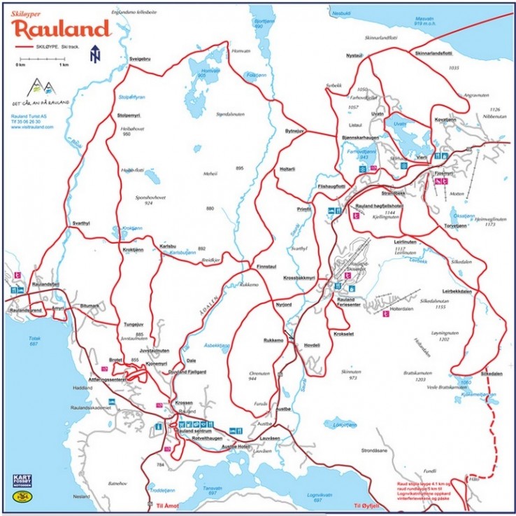 mapka z trasami dostępnymi w Rauland mapka z trasami dostępnymi w Rauland