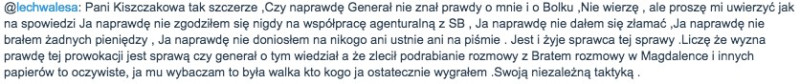 Wpis Lecha Wałęsy na jego mikroblogu.