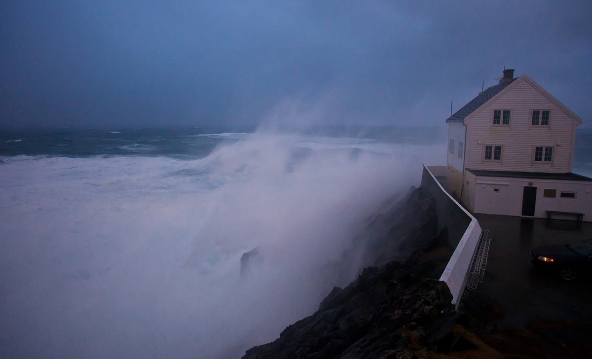 Huge waves and Hurricane at Kråkenes lighthouse fyr Stad Norway in storm HD 1080p