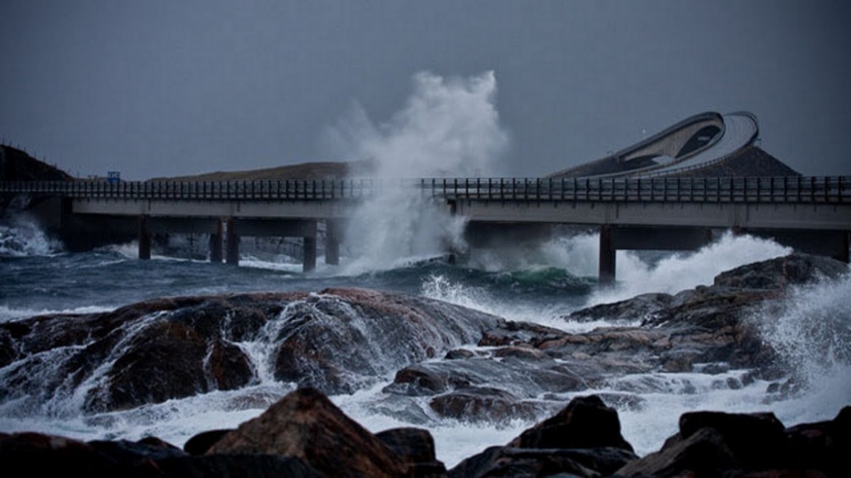 Driving On A Most Dangerous Road On A stormy Day (Atlantic Ocean Road, Norway)